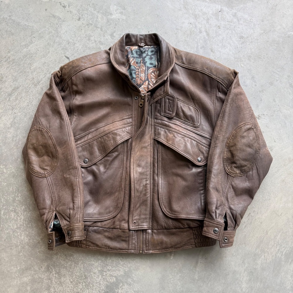 Vintage Brown Leather Bomber Jacket Mens 38 Distressed Aviator Flight Coat